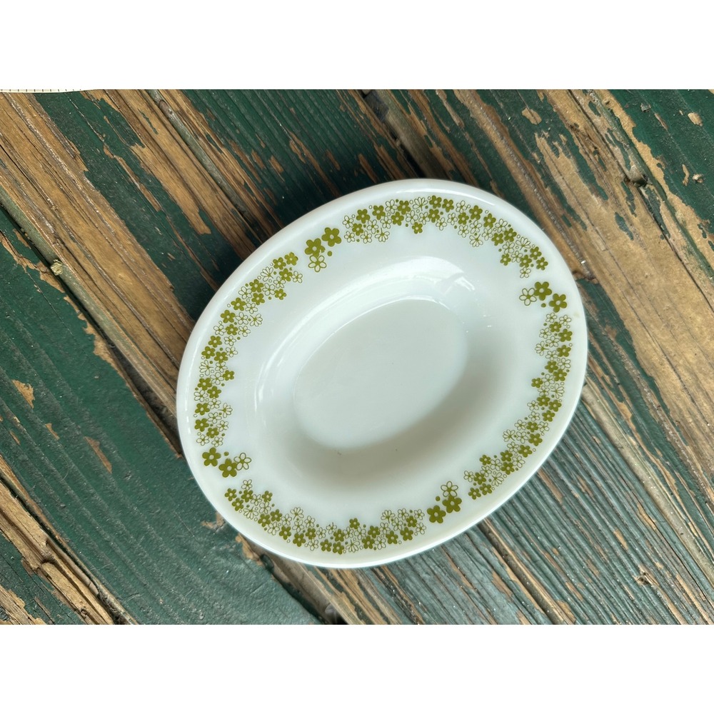 Vintage Pyrex Spring Blossom Green 77-B Oval Berry Bowl Crazy Daisy Milk Glass